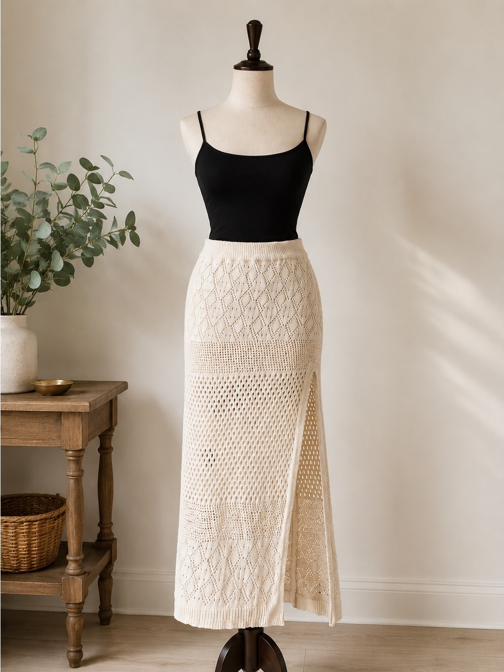 Floris Made in Italy Cream Crochet Knit Maxi Skirt Boho Coastal Beach Cover Up S